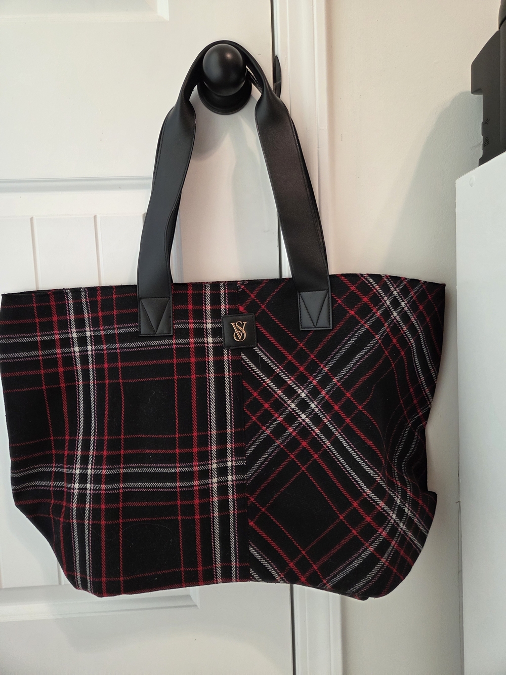 Victoria's Secret Black Plaid Tote with Red and White Accents